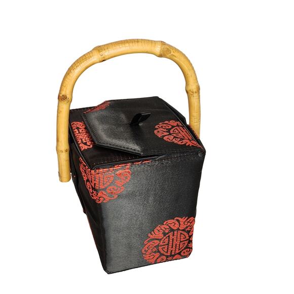 Tozai Chinese Takeout Box Purse Vintage Black & Red Satin Bamboo Top Handle - Picture 3 of 7